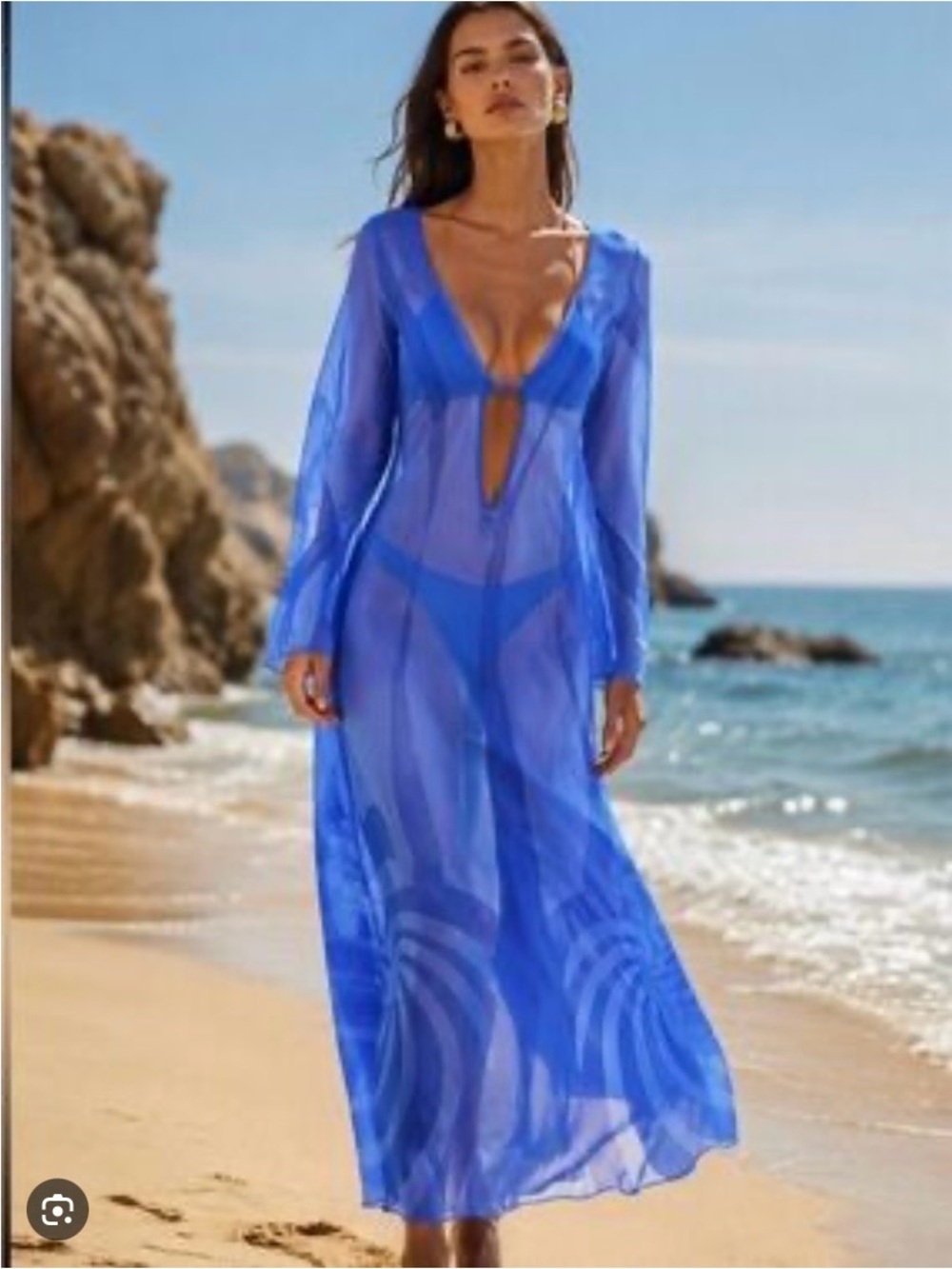 Caroline Constas Sheer Royal Blue V-Neck Maxi Swim Coverup Dress